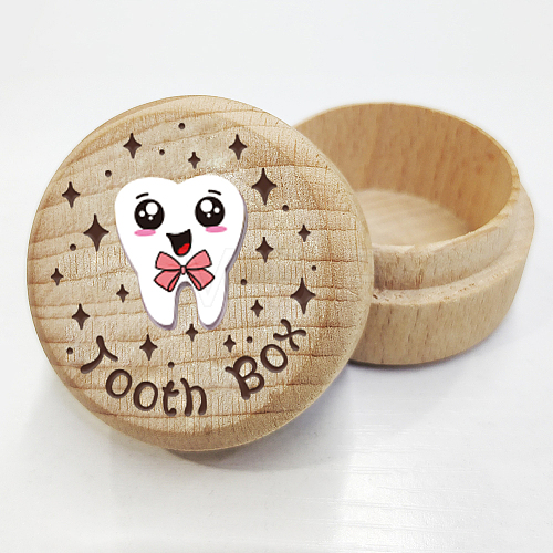 Round Beech Wooden 3D Engraved My First Tooth Box CON-WH0120-004-1