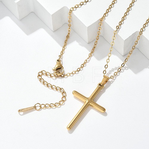 304 Stainless Steel Cross Pendant Cable Chain Necklaces NJEW-S442-05G-1