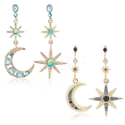 2 Sets 2 Styles Colorful Rhinestone Moon & Star Asymmetrical Earrings EJEW-FI0001-22-1