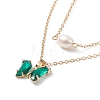Glass Butterfly & Natural Pearl Pendants Double Layer Necklace with Clear Cubic Zirconia NJEW-TA00043-02-4