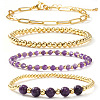 4Pcs 4 Styles Natural Amethyst & Brass Round Beads Stretch Bracelets & Paperclip Chain Bracelets for Women VT5257-1-3