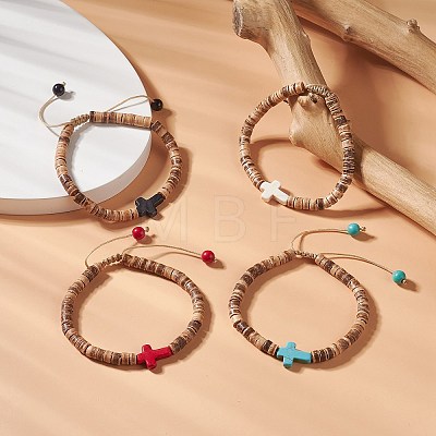 Dyed Synthetic Turquoise Corss & Coconut Disc Braided Bead Bracelet for Women BJEW-JB09353-1