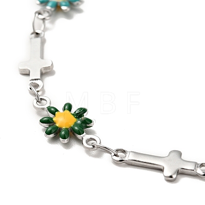 Enamel Flower & Cross Link Chain Bracelet BJEW-C023-01P-01-1