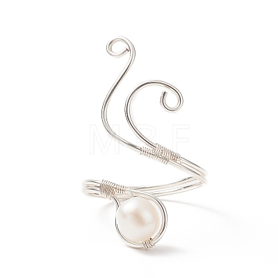 Copper Wire Wrapped Natural Freshwater Pearl Cuff Rings for Women RJEW-JR00553-02-1