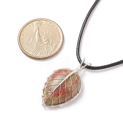 Natural Unakite Leaf Cage Pendant Necklace with Waxed Cords NJEW-TA00035-03-1