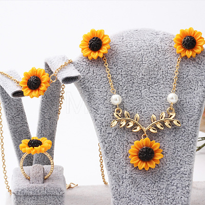 Sunflower Iron Resin Pendant Necklaces & Link Bracelets & Stud Earrings & Finger Ring Sets WGABE86-03-1