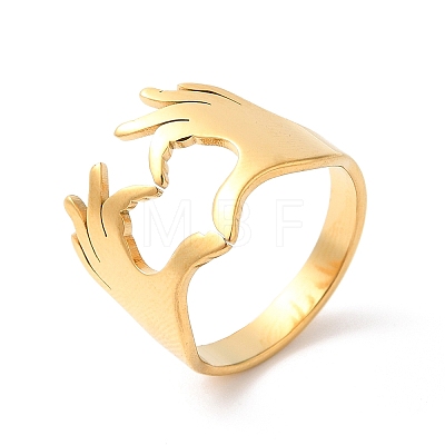 Ion Plating(IP) 304 Stainless Steel Hand Heart Open Cuff Ring for Women RJEW-K245-45G-1