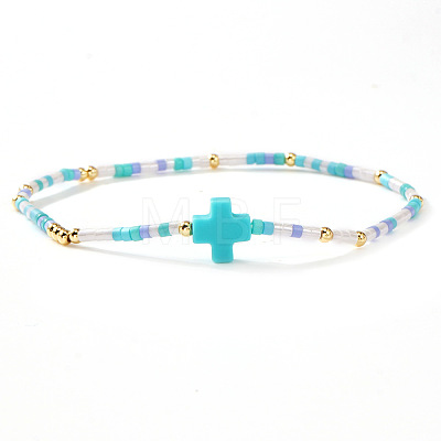 Bohemian Cross Charm Glass Seed Bead & Brass Beads Stretch Bracelet for Women SA4132-8-1