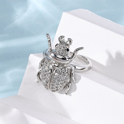 Brass Micro Pave Cubic Zirconia Adjustable Open Cuff Rings for Women RJEW-A072-01D-P-1