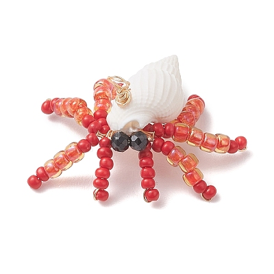 Faceted Round Natural Black Spinel & Natural Trumpet Shell & Glass Seed Beaded Crab Pendants PALLOY-MZ01177-01-1