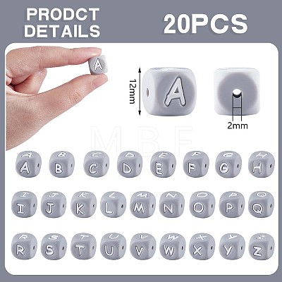20Pcs Grey Cube Letter Silicone Beads 12x12x12mm Square Dice Alphabet Beads with 2mm Hole Spacer Loose Letter Beads for Bracelet Necklace Jewelry Making JX436J-1