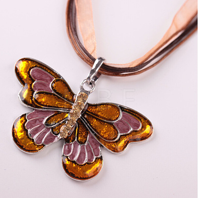 Butterfly Alloy Enamel & Rhinestone Pendant Waxed Cord Necklaces for Women FS-WGA0605-06-1