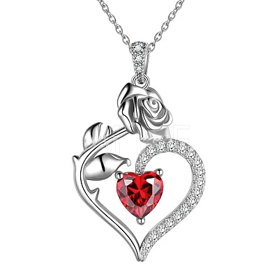 Rhodium Plated 925 Sterling Silver Pave Cubic Zirconia Rose Heart Birthstone Pendant Cable Chain Necklaces PW-WGEE50C-01-1