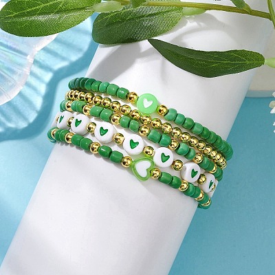 5Pcs 5 Styles Heart Acrylic & Glass Seed Beaded Stretch Bracelet Sets BJEW-JB10473-04-1