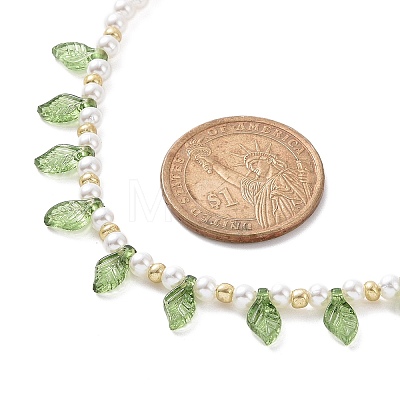 Acrylic Leaf Charm Necklace with Imitation Pearl Beaded for Women NJEW-JN04138-1
