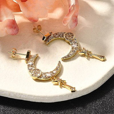 Moon Brass Micro Pave Clear Cubic Zirconia Dangle Stud Earrings EJEW-C126-10G-1