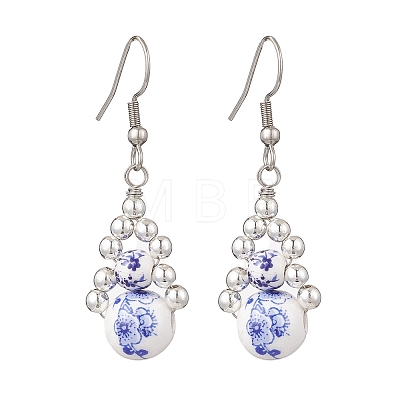 Handmade Round with Flower Printed Porcelain Dangle Earrings EJEW-JE06795-1