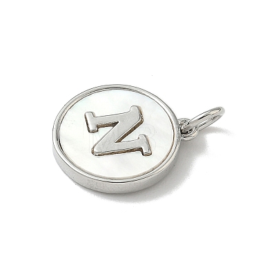 Brass Pave Natural Shell Flat Round with Letter Charms KK-Z115-13P-N-1