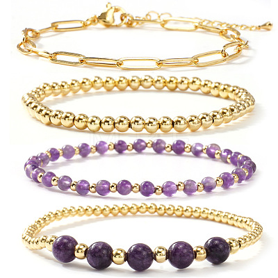 4Pcs 4 Styles Natural Amethyst & Brass Round Beads Stretch Bracelets & Paperclip Chain Bracelets for Women VT5257-1-1