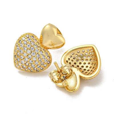 Heart Brass Pave Clear Cubic Zirconia Stud Earrings for Women EJEW-N054-44G-1