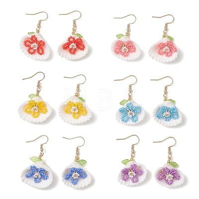 Glass Seed & Clam Shell & Resin Imitation Pearl Woven Dangle Earrings EJEW-MZ00659-1