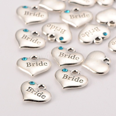 Wedding Theme Antique Silver Tone Tibetan Style Heart with Bride Rhinestone Charms X-TIBEP-N005-12A-1