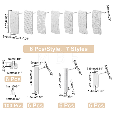   60Pcs 10 Style Rectangle Shape 201 & 304 Stainless Steel Stud Earring Finding STAS-PH0005-29-1