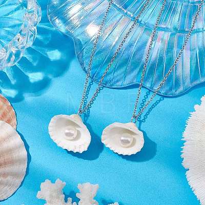 Natural Clam Shell & Imitation Pearl Pendant Necklaces NJEW-JN05006-1