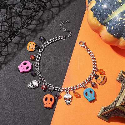 Halloween Skull Dyed Synthetic Turquoise Charm Bracelets BJEW-TA00505-1