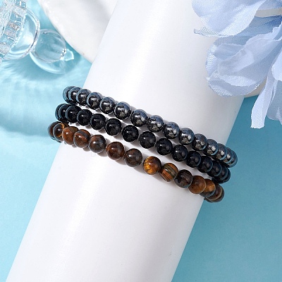 3Pcs 3 Style Natural & Synthetic Mixed Stone Round Beaded Stretch Bracelets BJEW-JB10178-02-1