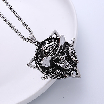 Retro Navy Style Pirate Skull Stainless Steel Punk Hip-hop Pendant Necklaces for Men JN9383-1