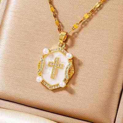 Shiny Retro Brass Micro Pave Clear Cubic Zirconia Oval with Cross Pendant Necklaces with Enamel YR4811-2-1