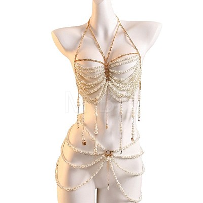 Alloy Heart Imitation Pearl Round Beaded Layered Tassel Body Chest Waist Chains WGA0E03-04-1