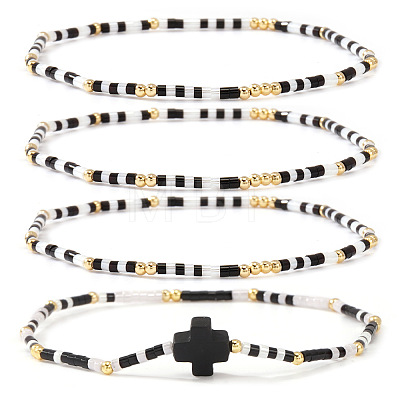 4Pcs Vintage Cylinder Seed Beads &  Brass Beaded Bracelet Sets VC6317-7-1
