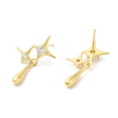 Rack Plating Brass Pave Cubic Zirconia Star with Teardrop Dangle Stud Earrings for Women EJEW-D059-25G-1