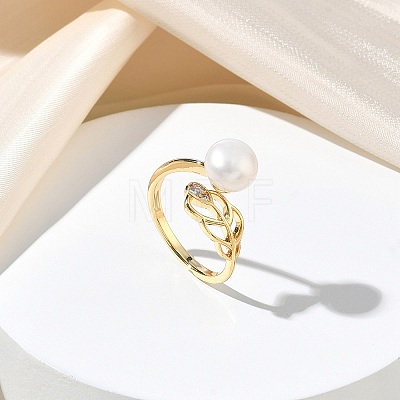 Leaf Brass Micro Pave Cubic Zirconia Cuff Open Rings RJEW-JR01046-1