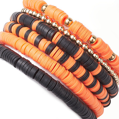 6Pcs 6 Styles Halloween Handmade Polymer Clay Beaded Stretch Bracelets Sets BJEW-TA00490-1