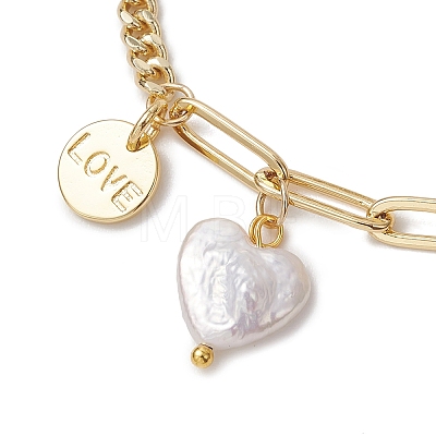 Brass Flat Round with Word Love & Natural Keshi Pearl Heart Charms Bracelets BJEW-JB13483-1