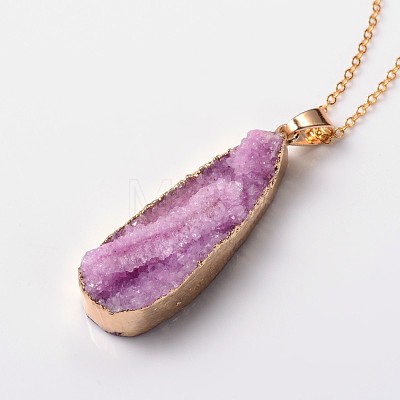 Natural Drusy Agate Teardrop Pendant Necklaces NJEW-JN01119-1