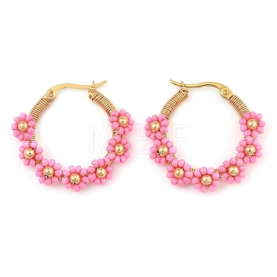 304 Stainless Steel & Bohemian Beaded Flower Hoop Earrings for Women EJEW-R001-02G-03-1