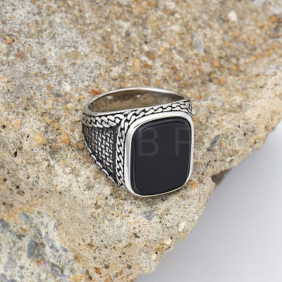 304 Stainless Steel with Natural Black Agate Finger Rings FS-WG67565-01-1