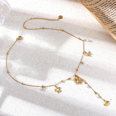 Ocean 304 Stainless Steel Imitation Pearl Long Tassel Pendant Necklaces for Women WGE0621-02-1