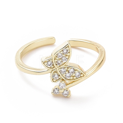 Clear Cubic Zirconia Butterfly with Flower Open Cuff Ring RJEW-I094-12G-1