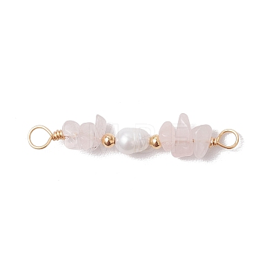 Natural Rose Quartz Chip & Natural Cultured Freshwater Pearl Rice Beaded Connector Charms PALLOY-JF03707-11-1