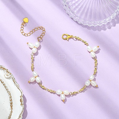 Natural Cultured Freshwater Pearl & Brass Charm Bracelets for Women BJEW-JB14108-1