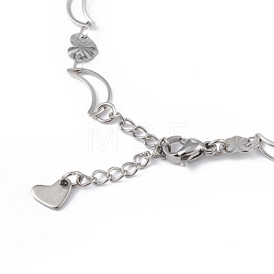 304 Stainless Steel Moon & Heart Link Chain Bracelet for Women BJEW-G669-19P-1