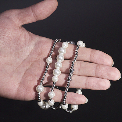 Minimalist Imitation Pearl & 304 Stainless Steel Round Beaded Stretch Bracelets KM8315-2-1