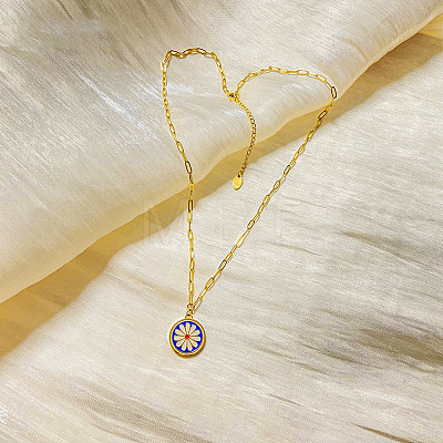 303 Stainless Steel Enamel Flat Round with White Flower Pendant Necklaces for Women FS-WGC7F5D-01-1