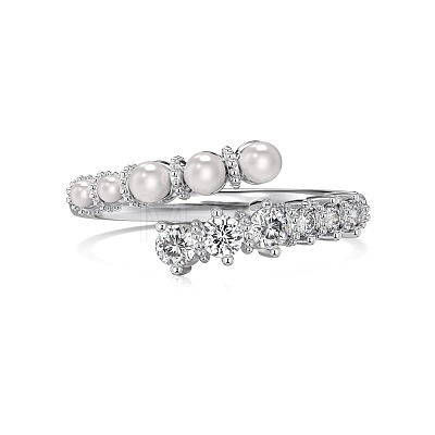 Anti-Tarnish Round Shell Pearl & Clear Cubic Zirconia Cuff Ring RJEW-Q813-01P-1