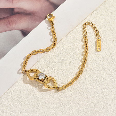 Stainless Steel Heart Link Bracelets with Clear Cubic Zirconia for Women Daily Wear Gift ME3579-1